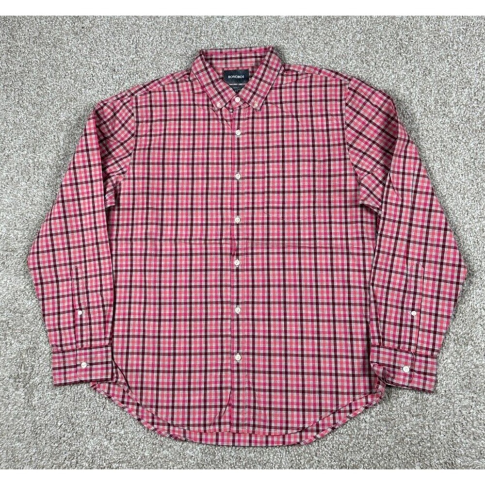 Bonobos Shirt Mens Extra Large‎ Pink Red Check Button Up Long Sleeve Slim Fit XL